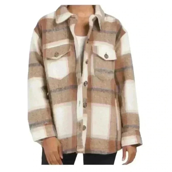 Avec Les Filles Cognac Plaid Oversized Shacket Button Down Shirt Jacket - Picture 1 of 8